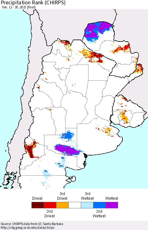 Southern South America Precipitation Rank (CHIRPS) Thematic Map For 12/11/2021 - 12/20/2021