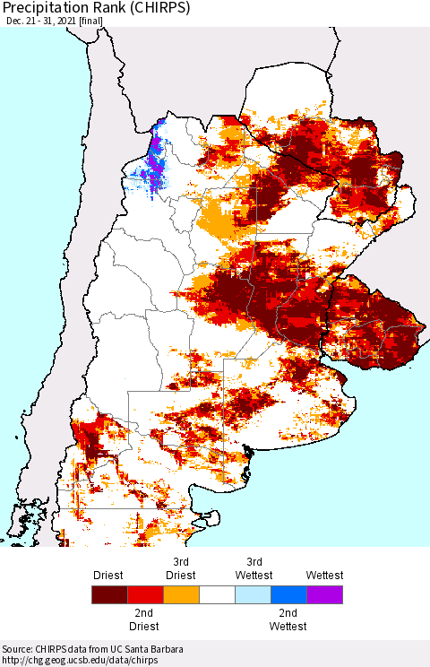Southern South America Precipitation Rank since 1981 (CHIRPS) Thematic Map For 12/21/2021 - 12/31/2021