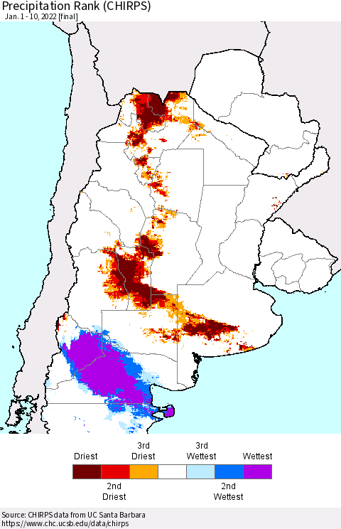 Southern South America Precipitation Rank (CHIRPS) Thematic Map For 1/1/2022 - 1/10/2022