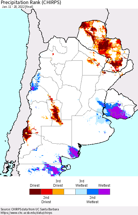 Southern South America Precipitation Rank since 1981 (CHIRPS) Thematic Map For 1/11/2022 - 1/20/2022