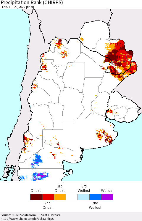 Southern South America Precipitation Rank since 1981 (CHIRPS) Thematic Map For 2/11/2022 - 2/20/2022