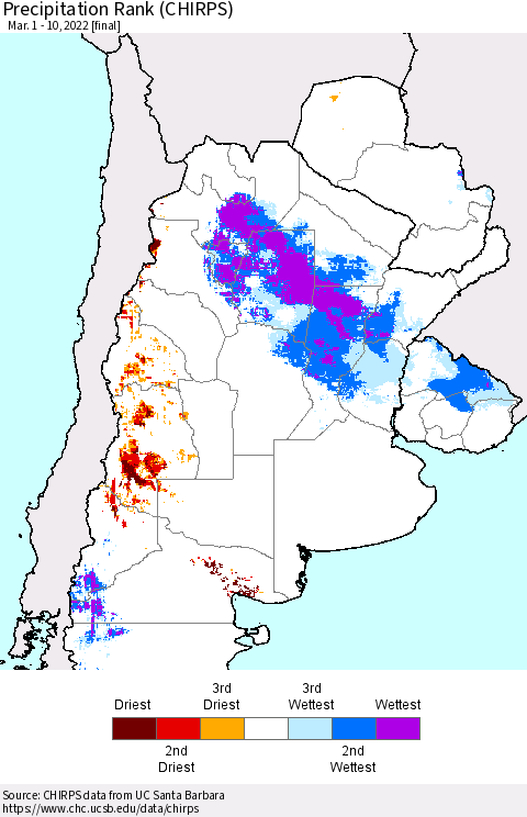 Southern South America Precipitation Rank since 1981 (CHIRPS) Thematic Map For 3/1/2022 - 3/10/2022