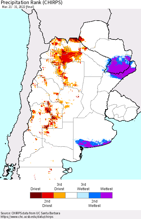 Southern South America Precipitation Rank since 1981 (CHIRPS) Thematic Map For 3/21/2022 - 3/31/2022