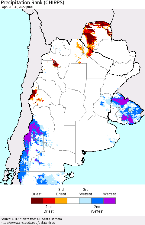 Southern South America Precipitation Rank since 1981 (CHIRPS) Thematic Map For 4/21/2022 - 4/30/2022