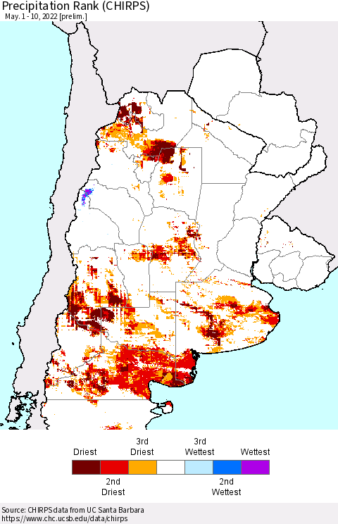 Southern South America Precipitation Rank since 1981 (CHIRPS) Thematic Map For 5/1/2022 - 5/10/2022