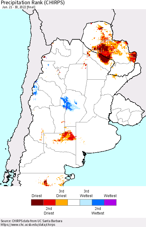 Southern South America Precipitation Rank since 1981 (CHIRPS) Thematic Map For 6/21/2022 - 6/30/2022