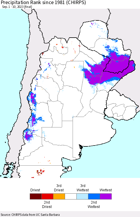 Southern South America Precipitation Rank since 1981 (CHIRPS) Thematic Map For 9/1/2023 - 9/10/2023