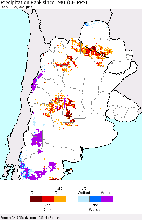 Southern South America Precipitation Rank since 1981 (CHIRPS) Thematic Map For 9/11/2023 - 9/20/2023