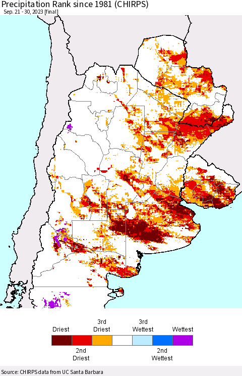 Southern South America Precipitation Rank since 1981 (CHIRPS) Thematic Map For 9/21/2023 - 9/30/2023