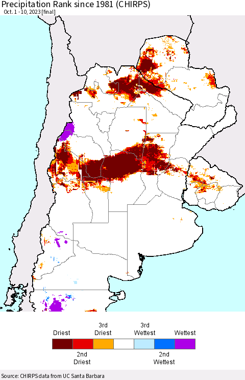 Southern South America Precipitation Rank since 1981 (CHIRPS) Thematic Map For 10/1/2023 - 10/10/2023