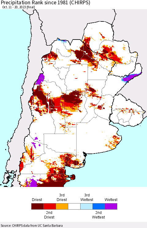 Southern South America Precipitation Rank since 1981 (CHIRPS) Thematic Map For 10/11/2023 - 10/20/2023