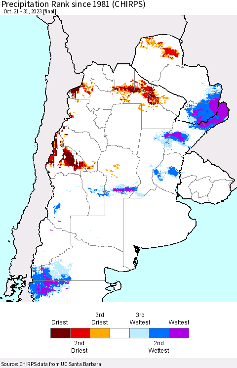 Southern South America Precipitation Rank since 1981 (CHIRPS) Thematic Map For 10/21/2023 - 10/31/2023