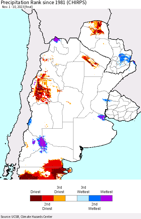 Southern South America Precipitation Rank since 1981 (CHIRPS) Thematic Map For 11/1/2023 - 11/10/2023