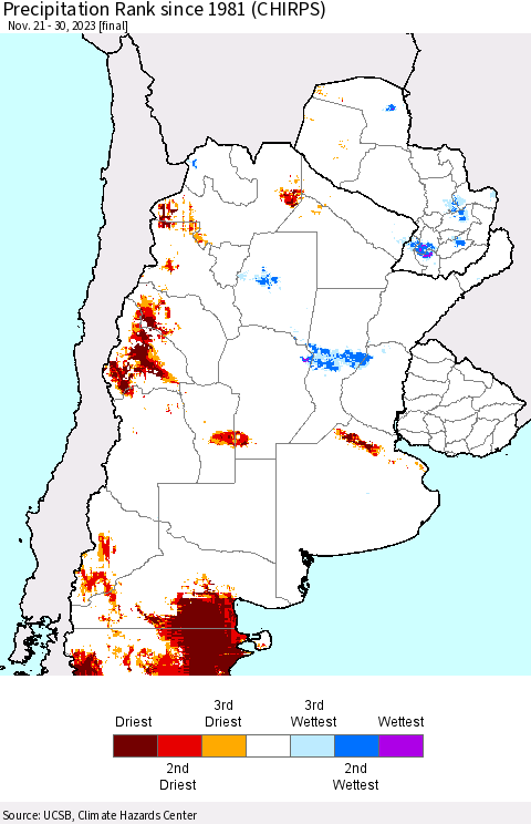 Southern South America Precipitation Rank since 1981 (CHIRPS) Thematic Map For 11/21/2023 - 11/30/2023