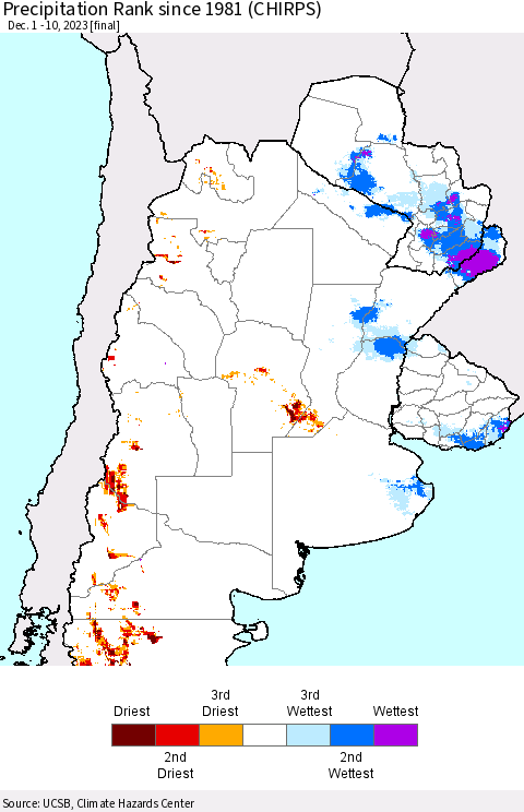 Southern South America Precipitation Rank since 1981 (CHIRPS) Thematic Map For 12/1/2023 - 12/10/2023