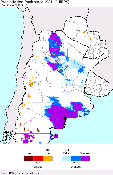 Southern South America Precipitation Rank since 1981 (CHIRPS) Thematic Map For 12/11/2023 - 12/20/2023