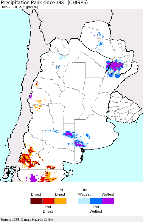 Southern South America Precipitation Rank since 1981 (CHIRPS) Thematic Map For 12/21/2023 - 12/31/2023