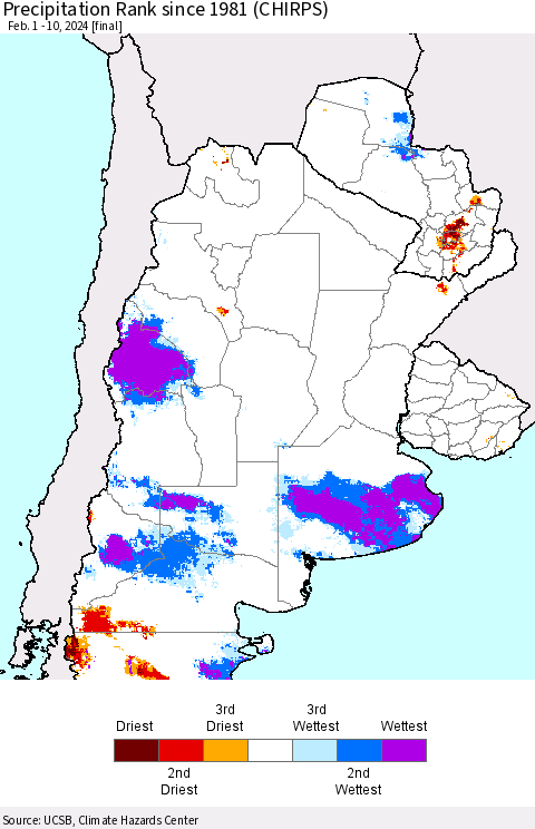 Southern South America Precipitation Rank since 1981 (CHIRPS) Thematic Map For 2/1/2024 - 2/10/2024
