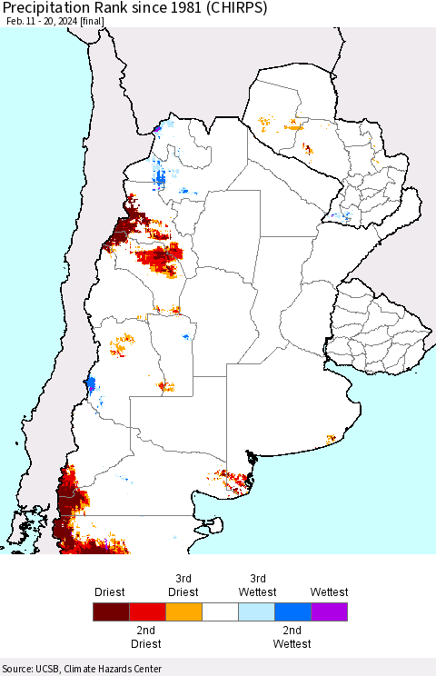 Southern South America Precipitation Rank since 1981 (CHIRPS) Thematic Map For 2/11/2024 - 2/20/2024