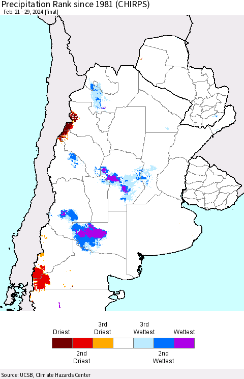 Southern South America Precipitation Rank since 1981 (CHIRPS) Thematic Map For 2/21/2024 - 2/29/2024