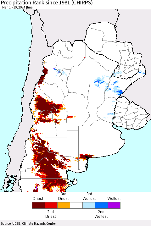 Southern South America Precipitation Rank since 1981 (CHIRPS) Thematic Map For 3/1/2024 - 3/10/2024