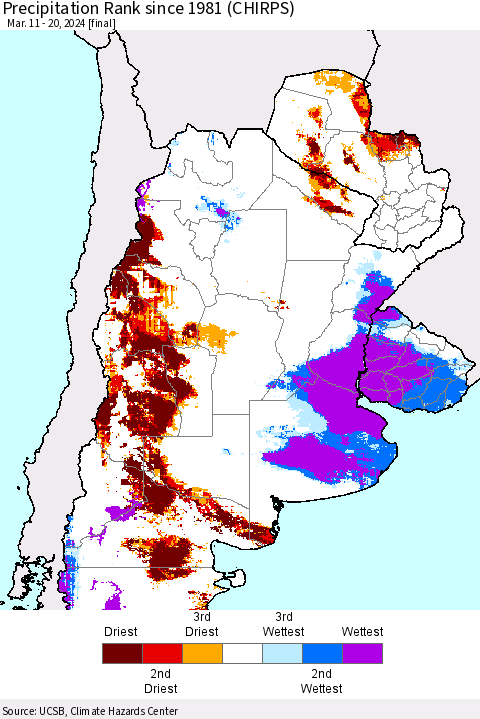 Southern South America Precipitation Rank since 1981 (CHIRPS) Thematic Map For 3/11/2024 - 3/20/2024