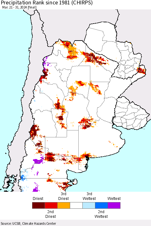 Southern South America Precipitation Rank since 1981 (CHIRPS) Thematic Map For 3/21/2024 - 3/31/2024