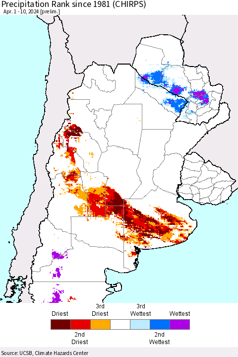 Southern South America Precipitation Rank since 1981 (CHIRPS) Thematic Map For 4/1/2024 - 4/10/2024