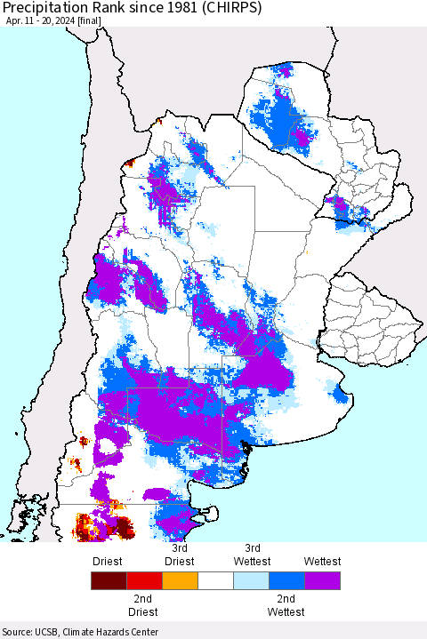 Southern South America Precipitation Rank since 1981 (CHIRPS) Thematic Map For 4/11/2024 - 4/20/2024