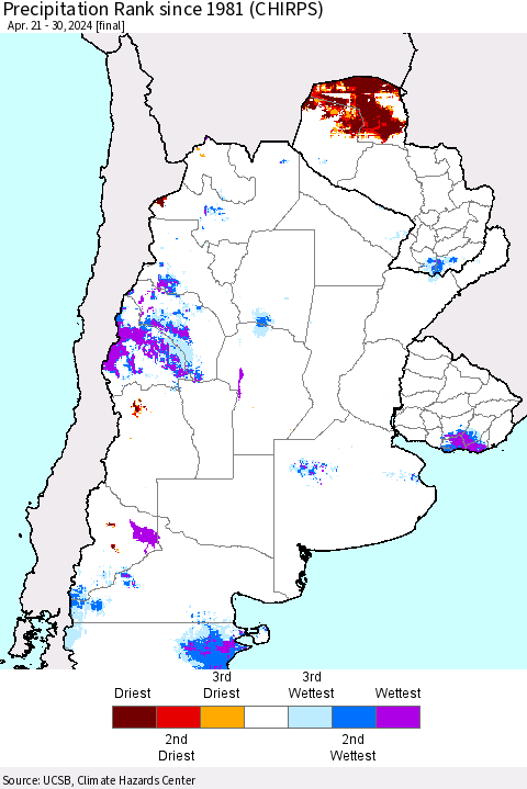 Southern South America Precipitation Rank since 1981 (CHIRPS) Thematic Map For 4/21/2024 - 4/30/2024