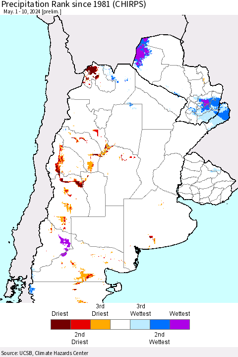 Southern South America Precipitation Rank since 1981 (CHIRPS) Thematic Map For 5/1/2024 - 5/10/2024