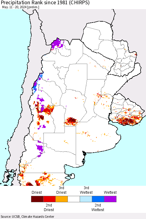 Southern South America Precipitation Rank since 1981 (CHIRPS) Thematic Map For 5/11/2024 - 5/20/2024