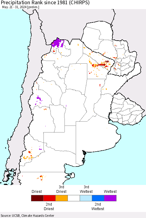 Southern South America Precipitation Rank since 1981 (CHIRPS) Thematic Map For 5/21/2024 - 5/31/2024