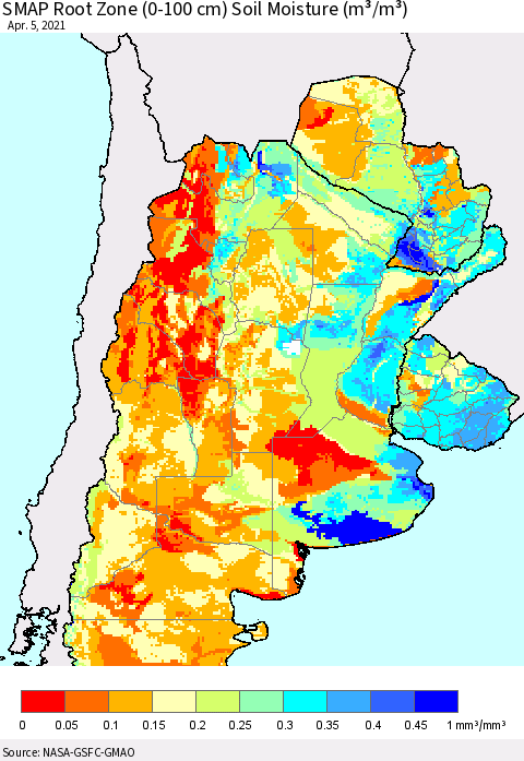 Southern South America SMAP Root Zone (0-100 cm) Soil Moisture (m³/m³) Thematic Map For 4/1/2021 - 4/5/2021