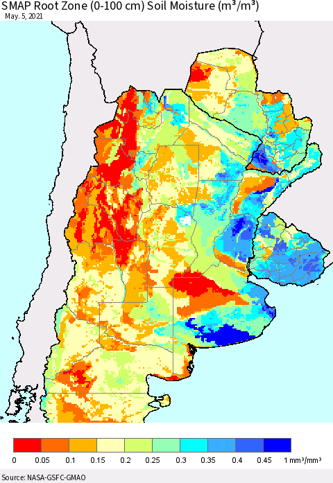 Southern South America SMAP Root Zone (0-100 cm) Soil Moisture (m³/m³) Thematic Map For 5/1/2021 - 5/5/2021