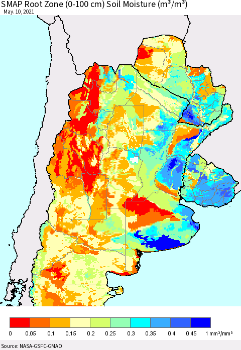 Southern South America SMAP Root Zone (0-100 cm) Soil Moisture (m³/m³) Thematic Map For 5/6/2021 - 5/10/2021