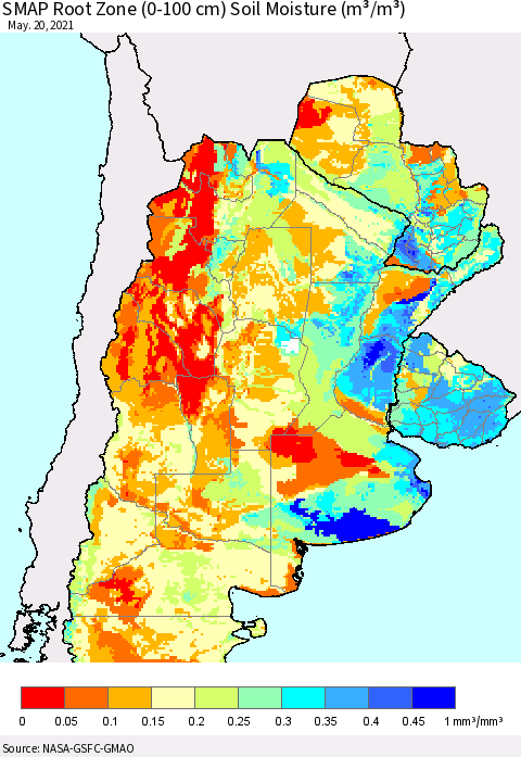 Southern South America SMAP Root Zone (0-100 cm) Soil Moisture (m³/m³) Thematic Map For 5/16/2021 - 5/20/2021