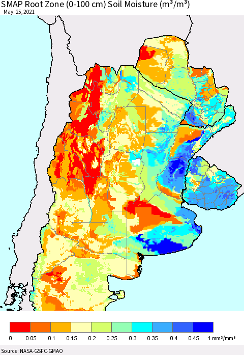 Southern South America SMAP Root Zone (0-100 cm) Soil Moisture (m³/m³) Thematic Map For 5/21/2021 - 5/25/2021