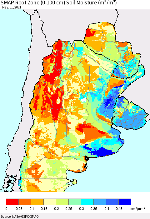 Southern South America SMAP Root Zone (0-100 cm) Soil Moisture (m³/m³) Thematic Map For 5/26/2021 - 5/31/2021