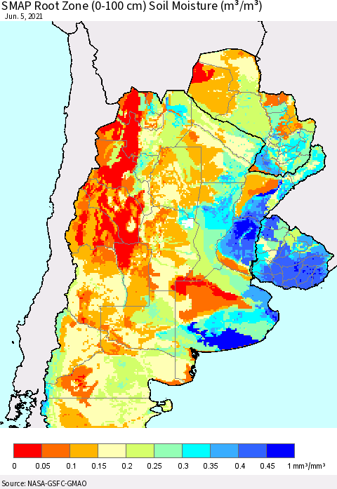 Southern South America SMAP Root Zone (0-100 cm) Soil Moisture (m³/m³) Thematic Map For 6/1/2021 - 6/5/2021