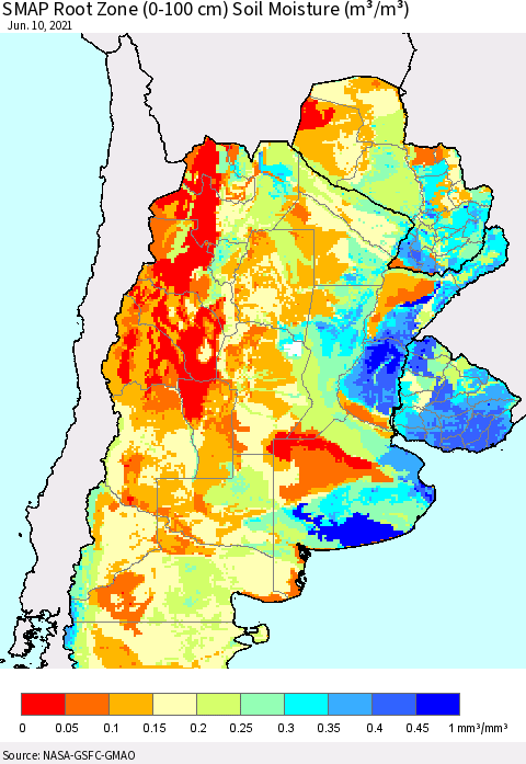 Southern South America SMAP Root Zone (0-100 cm) Soil Moisture (m³/m³) Thematic Map For 6/6/2021 - 6/10/2021