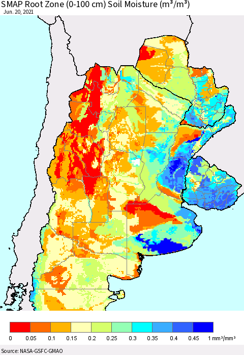 Southern South America SMAP Root Zone (0-100 cm) Soil Moisture (m³/m³) Thematic Map For 6/16/2021 - 6/20/2021