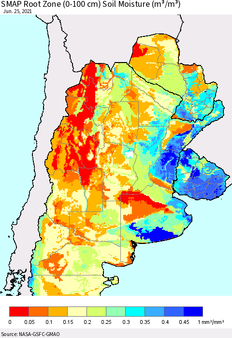 Southern South America SMAP Root Zone (0-100 cm) Soil Moisture (m³/m³) Thematic Map For 6/21/2021 - 6/25/2021