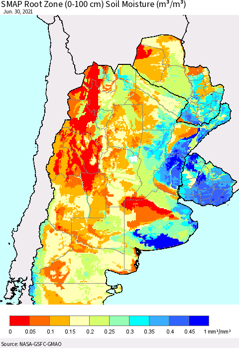 Southern South America SMAP Root Zone (0-100 cm) Soil Moisture (m³/m³) Thematic Map For 6/26/2021 - 6/30/2021