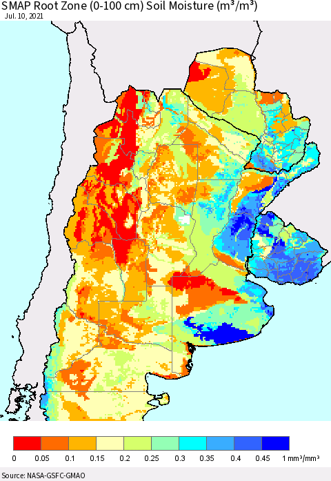 Southern South America SMAP Root Zone (0-100 cm) Soil Moisture (m³/m³) Thematic Map For 7/6/2021 - 7/10/2021