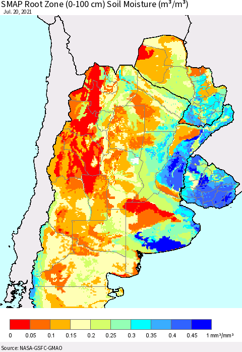 Southern South America SMAP Root Zone (0-100 cm) Soil Moisture (m³/m³) Thematic Map For 7/16/2021 - 7/20/2021