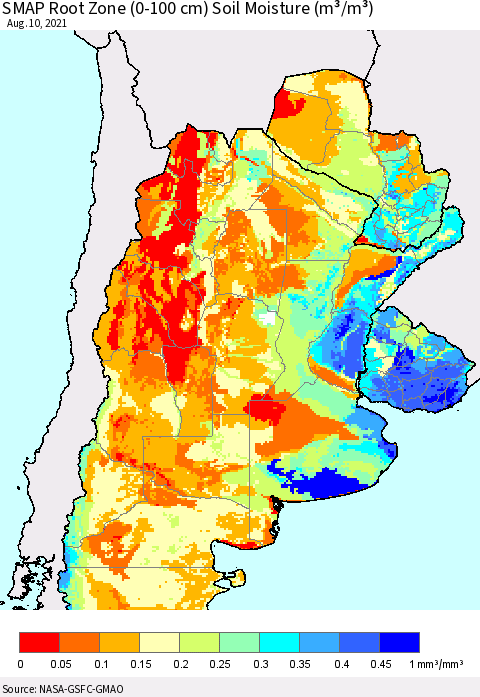 Southern South America SMAP Root Zone (0-100 cm) Soil Moisture (m³/m³) Thematic Map For 8/6/2021 - 8/10/2021