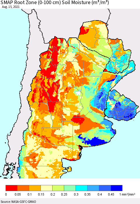 Southern South America SMAP Root Zone (0-100 cm) Soil Moisture (m³/m³) Thematic Map For 8/11/2021 - 8/15/2021
