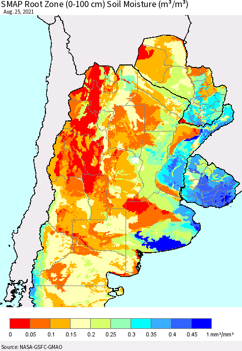 Southern South America SMAP Root Zone (0-100 cm) Soil Moisture (m³/m³) Thematic Map For 8/21/2021 - 8/25/2021
