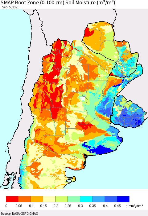 Southern South America SMAP Root Zone (0-100 cm) Soil Moisture (m³/m³) Thematic Map For 9/1/2021 - 9/5/2021